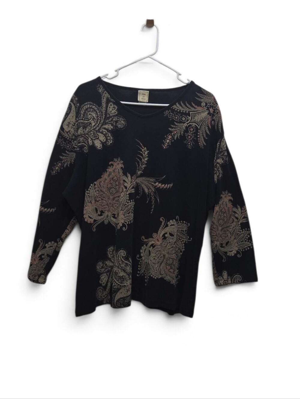 Jess & Jane 3X Black Paisley Rhinestone Cotton Tunic Top 3/4 Sleeve Made USA